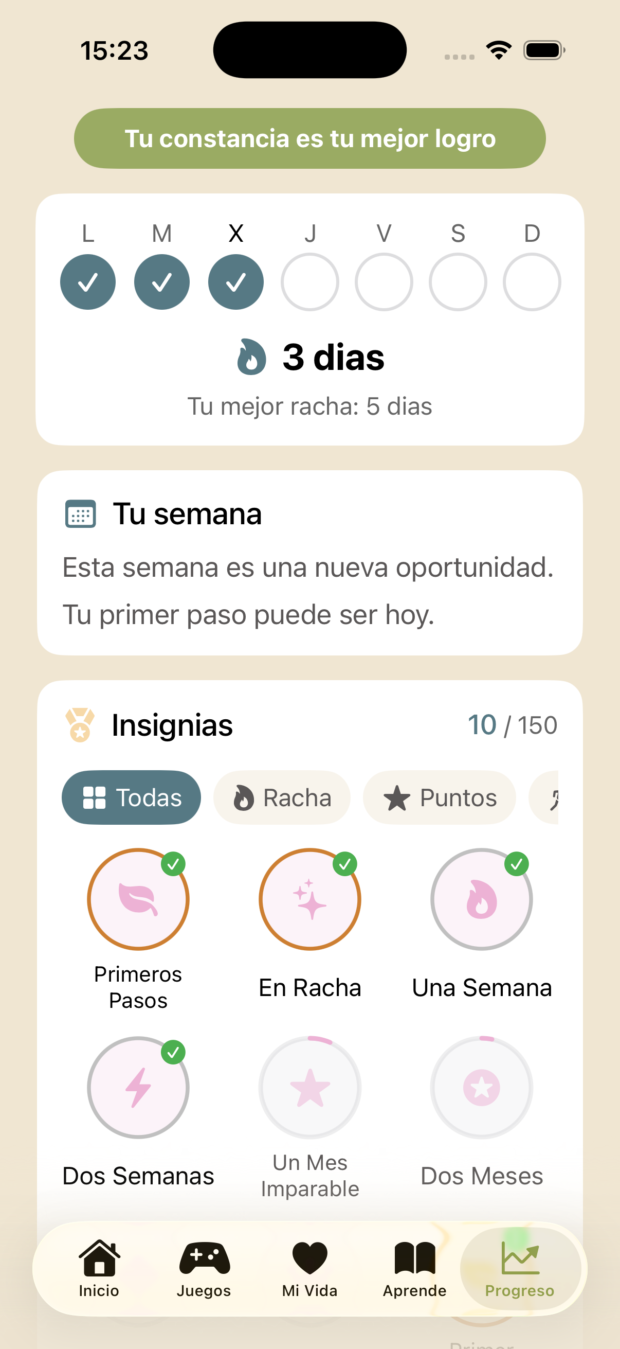 Consistency and badges screen in Noa Memory